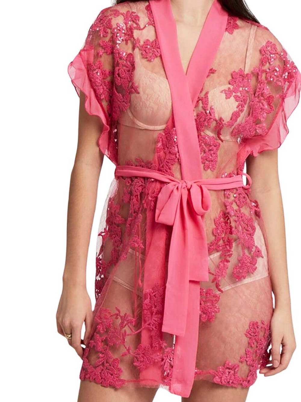 M-L Sheer sequin detail  Floral Lace Robe - Pink